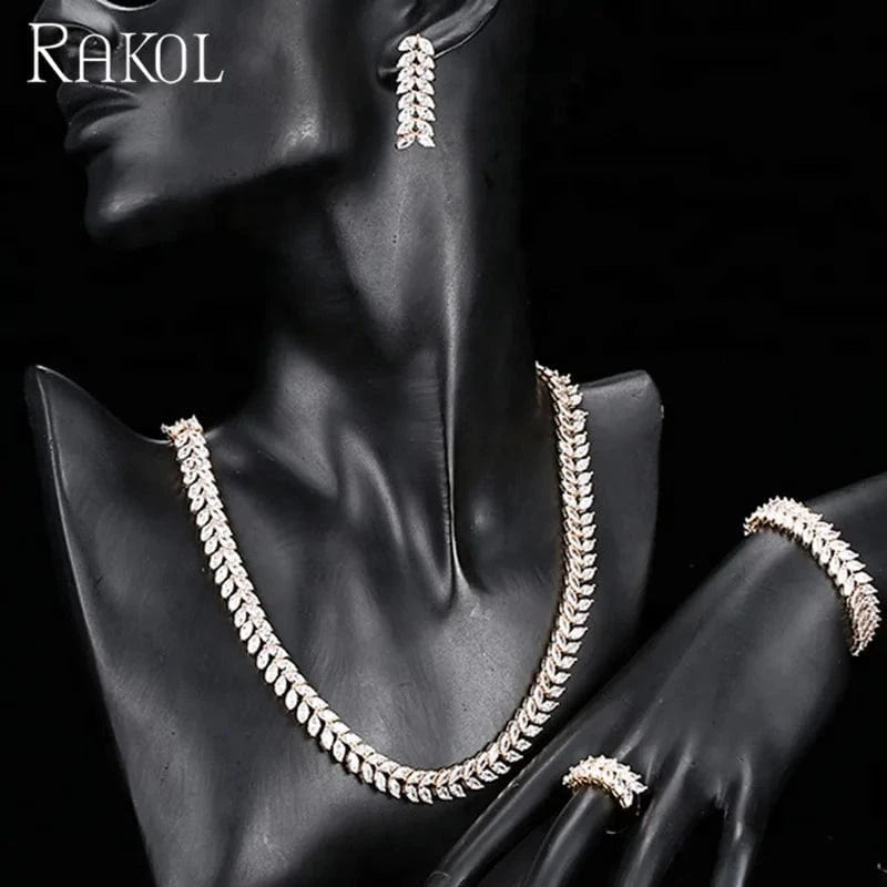 RAKOL SP289 Charm American Silver/Gold/Rose Gold Wheat Leaf CZ Zircon Necklace Four Piece Jewelry Set