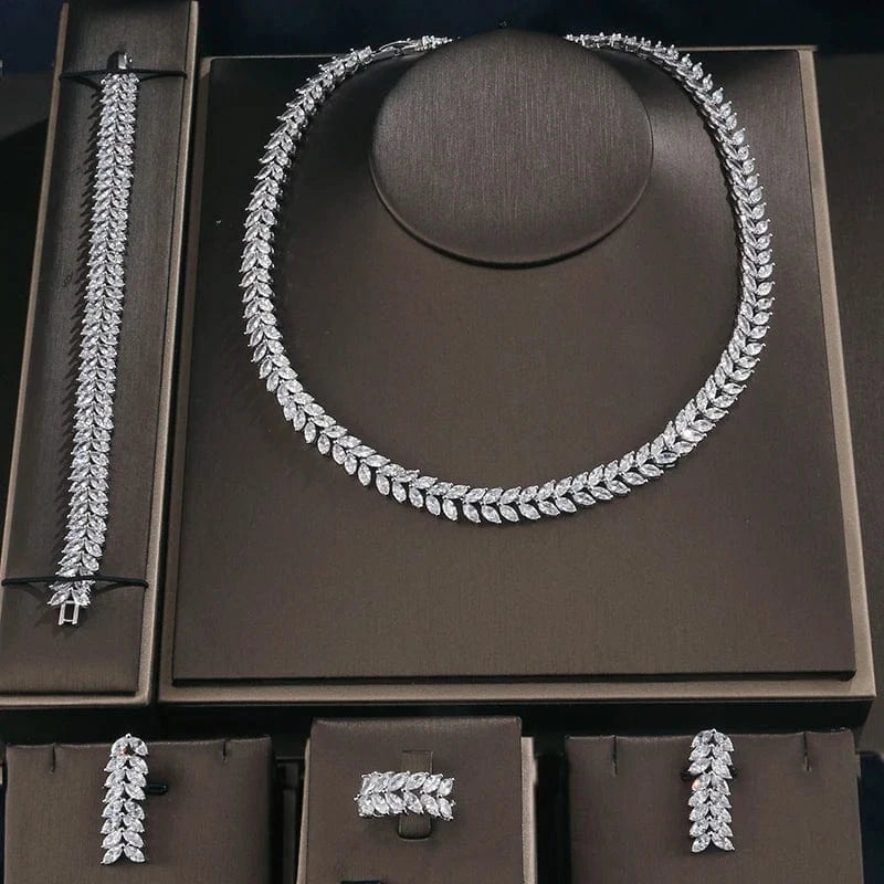 RAKOL SP289 Charm American Silver/Gold/Rose Gold Wheat Leaf CZ Zircon Necklace Four Piece Jewelry Set