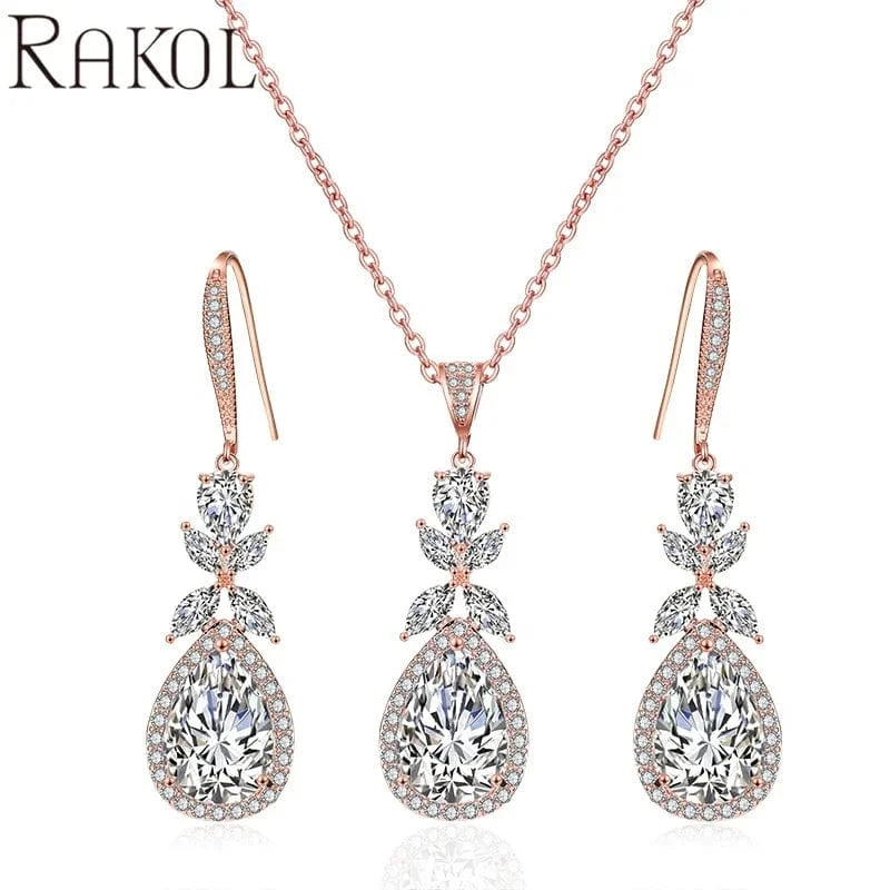 RAKOL SP3025 2022 Women Fine Jewelry Set Latest Rhinestone Crystal Earrings Necklace Set Sterling Silver Jewelry Set for Wedding
