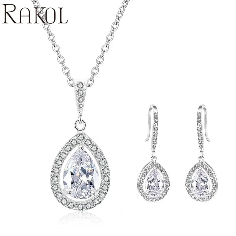 RAKOL SP3025 2022 Women Fine Jewelry Set Latest Rhinestone Crystal Earrings Necklace Set Sterling Silver Jewelry Set for Wedding
