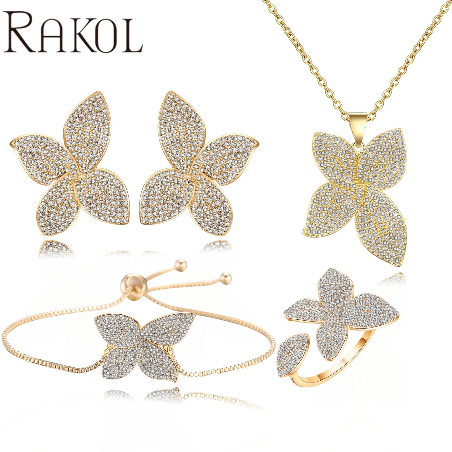 RAKOL SP3074 New Design 4PCS Leaf Cubic Zircon Necklace Earrings Bracelets And Rings Sets 925 Sterling Silver Jewelry Set Women