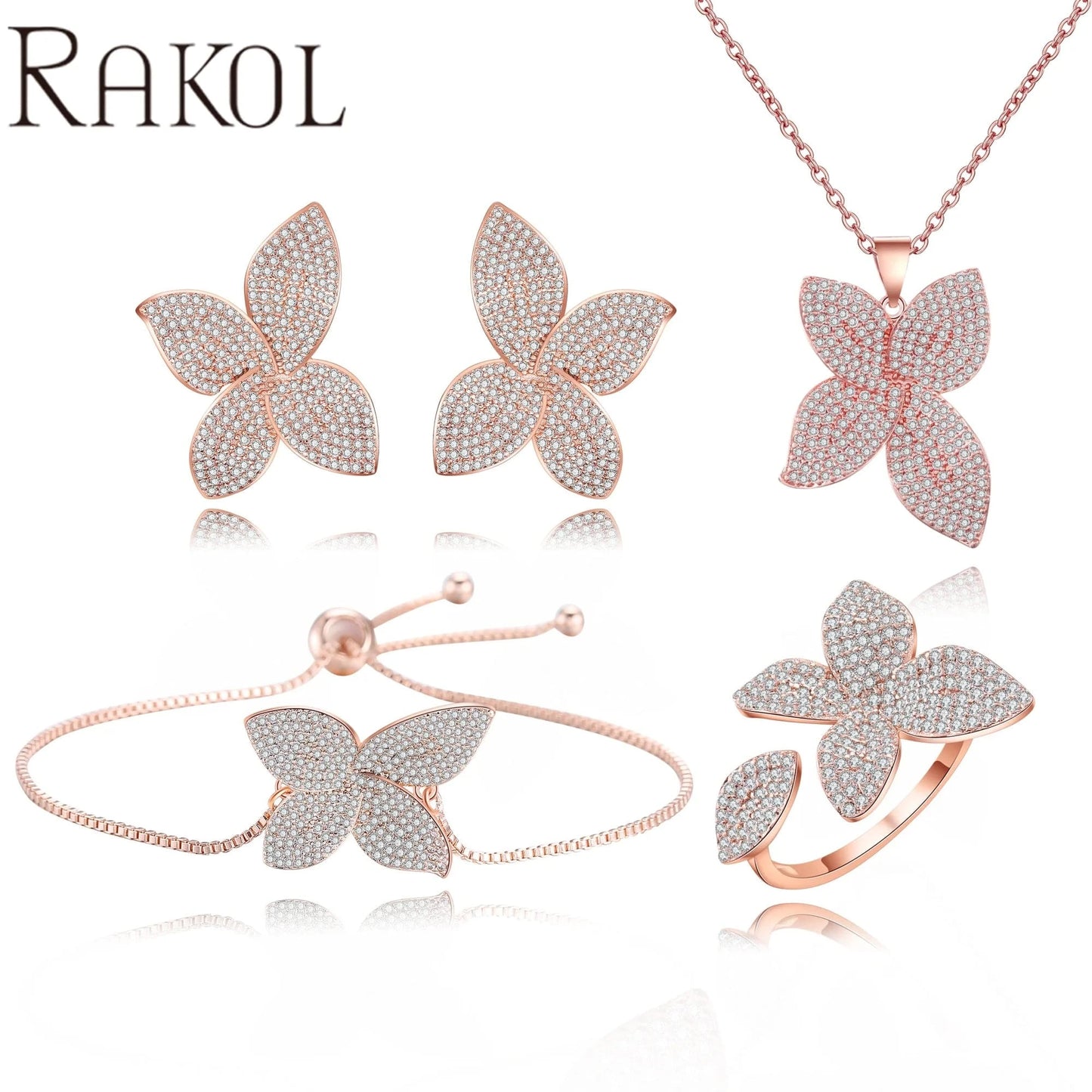 RAKOL SP3074 New Design 4PCS Leaf Cubic Zircon Necklace Earrings Bracelets And Rings Sets 925 Sterling Silver Jewelry Set Women