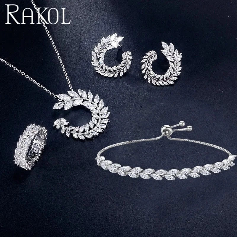 RAKOL SP3074 New Design 4PCS Leaf Cubic Zircon Necklace Earrings Bracelets And Rings Sets 925 Sterling Silver Jewelry Set Women
