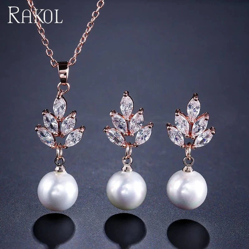 RAKOL SP3074 New Design 4PCS Leaf Cubic Zircon Necklace Earrings Bracelets And Rings Sets 925 Sterling Silver Jewelry Set Women