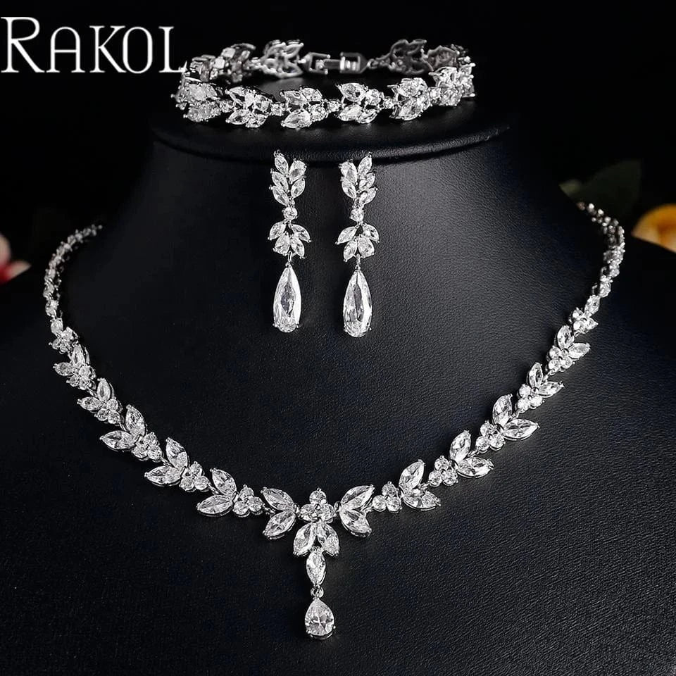 RAKOL SP3074 New Design 4PCS Leaf Cubic Zircon Necklace Earrings Bracelets And Rings Sets 925 Sterling Silver Jewelry Set Women