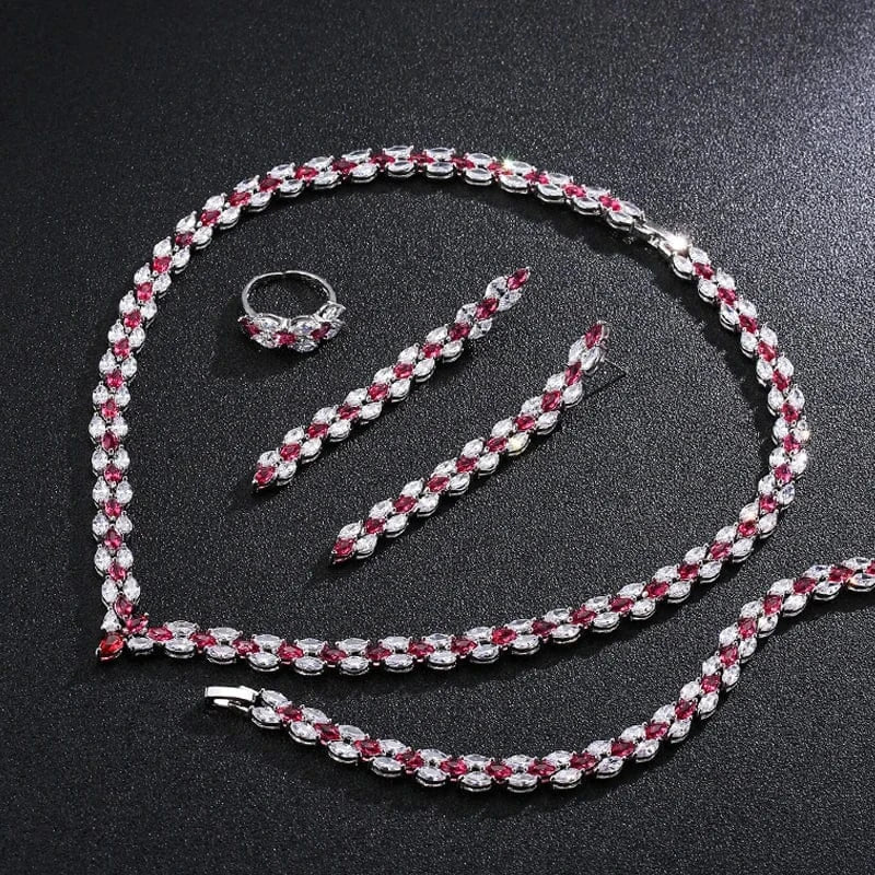 RAKOL SP3074 New Design 4PCS Leaf Cubic Zircon Necklace Earrings Bracelets And Rings Sets 925 Sterling Silver Jewelry Set Women