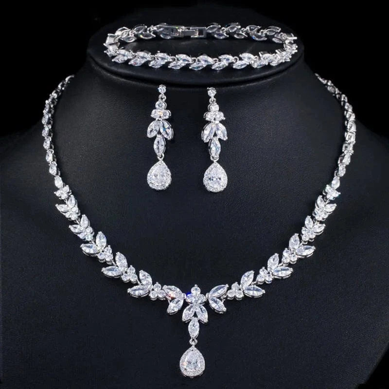 RAKOL SP3074 New Design 4PCS Leaf Cubic Zircon Necklace Earrings Bracelets And Rings Sets 925 Sterling Silver Jewelry Set Women