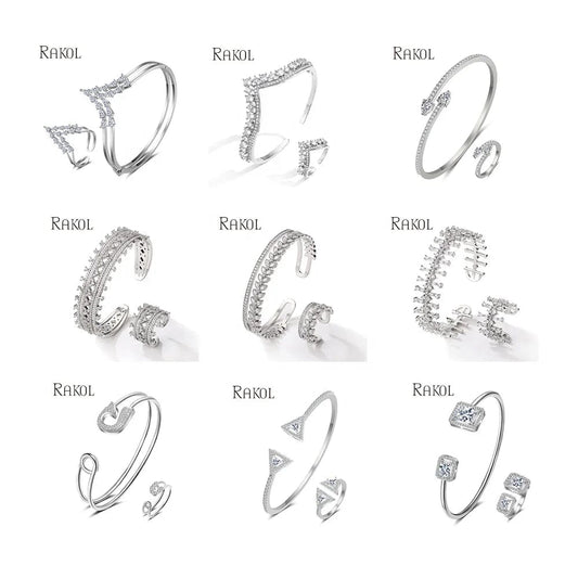 RAKOL SP3134 2022 Fine jewelry 925 silver charm bracelet and ring set Crown shape open bracelet ring luxury bridal jewelry set