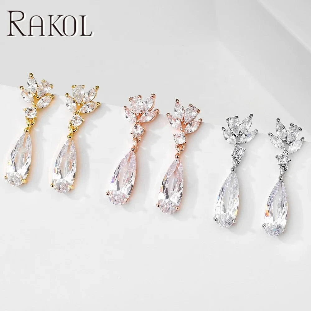 RAKOL SP3169 2022 Summer New Design Bridal Fine Jewelry Set Tear Drop Crystal  Earrings 14k Gold Chain Necklace And Earring Set