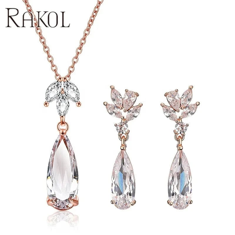 RAKOL SP3169 2022 Summer New Design Bridal Fine Jewelry Set Tear Drop Crystal  Earrings 14k Gold Chain Necklace And Earring Set
