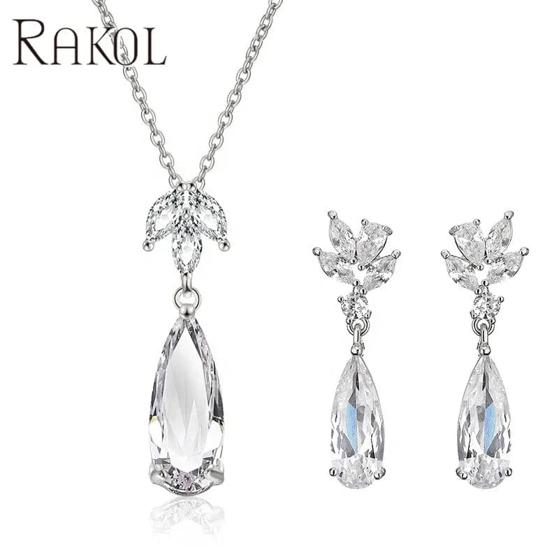 RAKOL SP3169 2022 Summer New Design Bridal Fine Jewelry Set Tear Drop Crystal  Earrings 14k Gold Chain Necklace And Earring Set