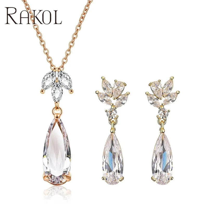 RAKOL SP3169 2022 Summer New Design Bridal Fine Jewelry Set Tear Drop Crystal  Earrings 14k Gold Chain Necklace And Earring Set
