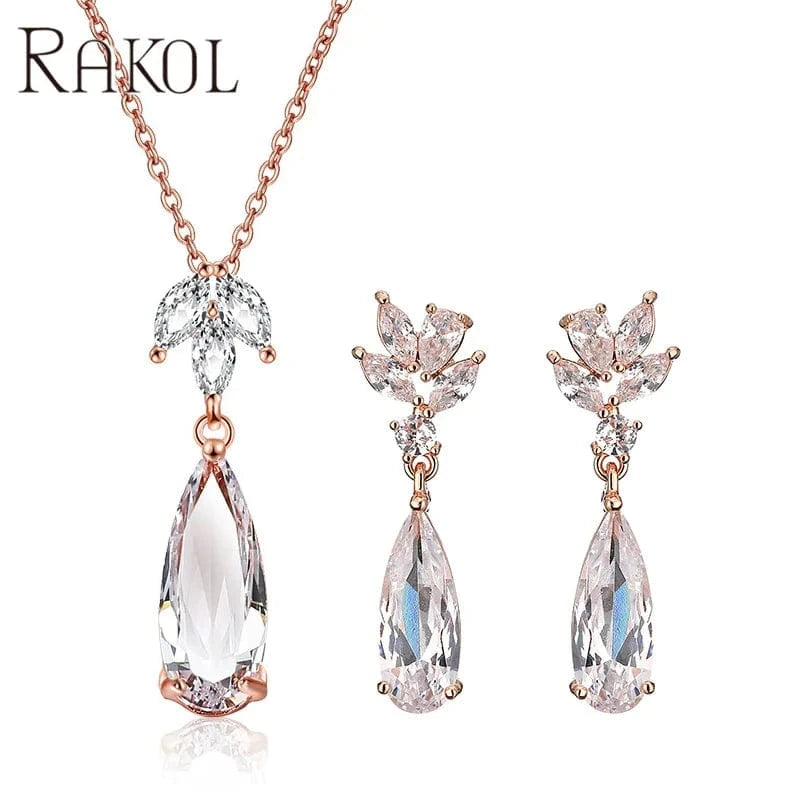 RAKOL SP3169 2022 Summer New Design Bridal Fine Jewelry Set Tear Drop Crystal  Earrings 14k Gold Chain Necklace And Earring Set