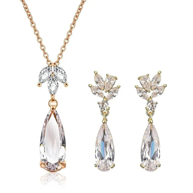RAKOL SP3169 2022 Summer New Design Bridal Fine Jewelry Set Tear Drop Crystal  Earrings 14k Gold Chain Necklace And Earring Set