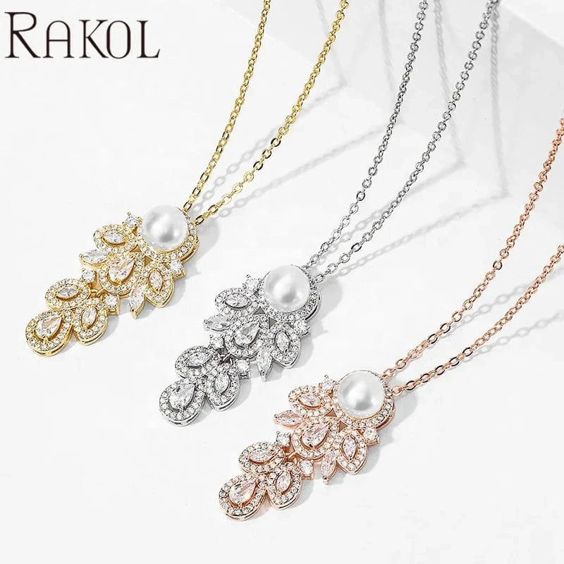 RAKOL SP3194 2022 High quality jewelry set bridal wedding earrings pearl drop luxury CZ fancy chain pearl necklace girls gift