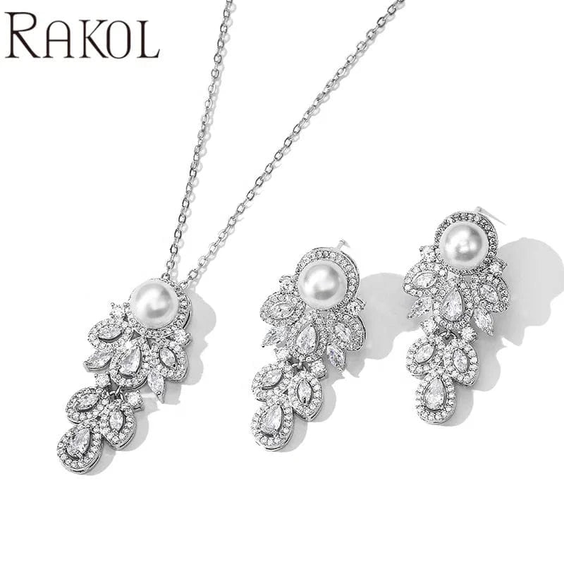 RAKOL SP3194 2022 High quality jewelry set bridal wedding earrings pearl drop luxury CZ fancy chain pearl necklace girls gift