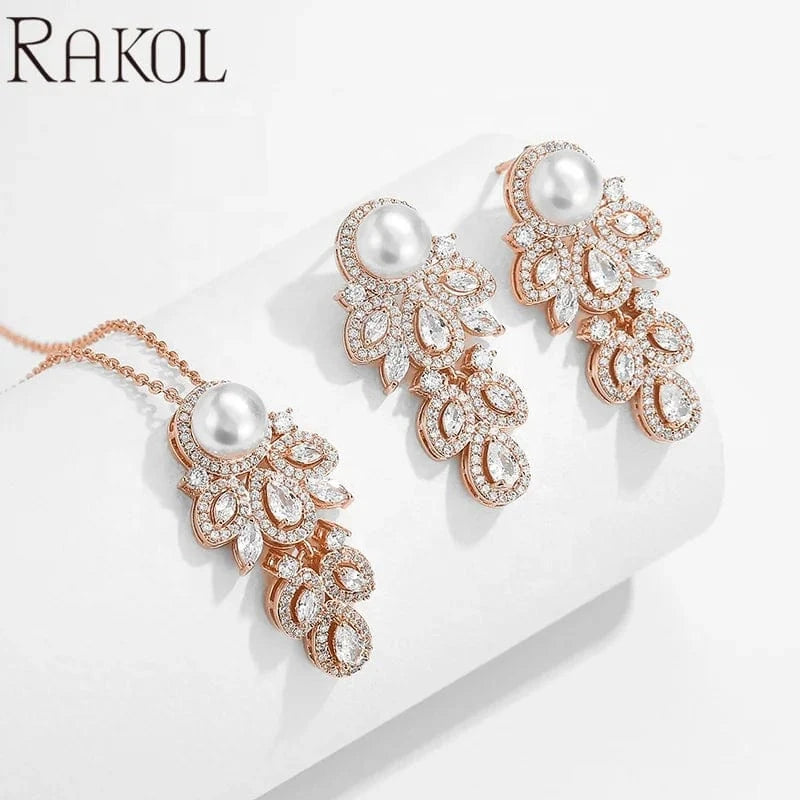 RAKOL SP3194 2022 High quality jewelry set bridal wedding earrings pearl drop luxury CZ fancy chain pearl necklace girls gift