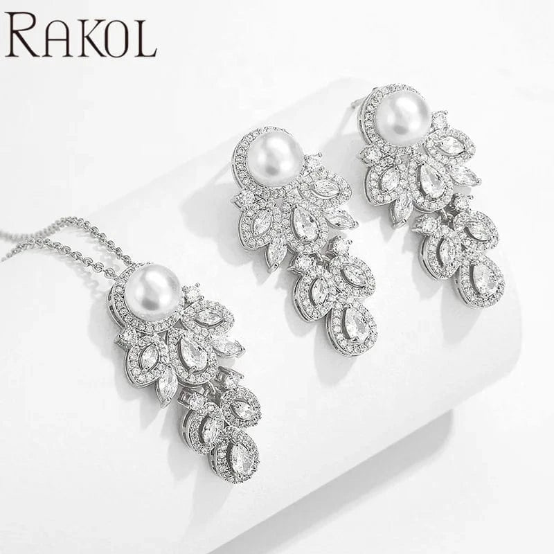 RAKOL SP3194 2022 High quality jewelry set bridal wedding earrings pearl drop luxury CZ fancy chain pearl necklace girls gift