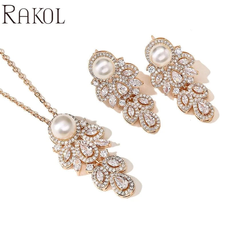 RAKOL SP3194 2022 High quality jewelry set bridal wedding earrings pearl drop luxury CZ fancy chain pearl necklace girls gift