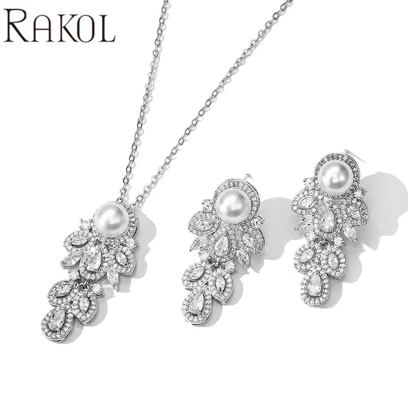 RAKOL SP3194 2022 High quality jewelry set bridal wedding earrings pearl drop luxury CZ fancy chain pearl necklace girls gift