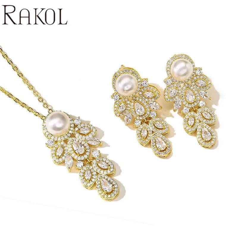 RAKOL SP3194 2022 High quality jewelry set bridal wedding earrings pearl drop luxury CZ fancy chain pearl necklace girls gift