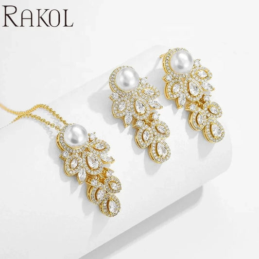 RAKOL SP3194 2022 High quality jewelry set bridal wedding earrings pearl drop luxury CZ fancy chain pearl necklace girls gift