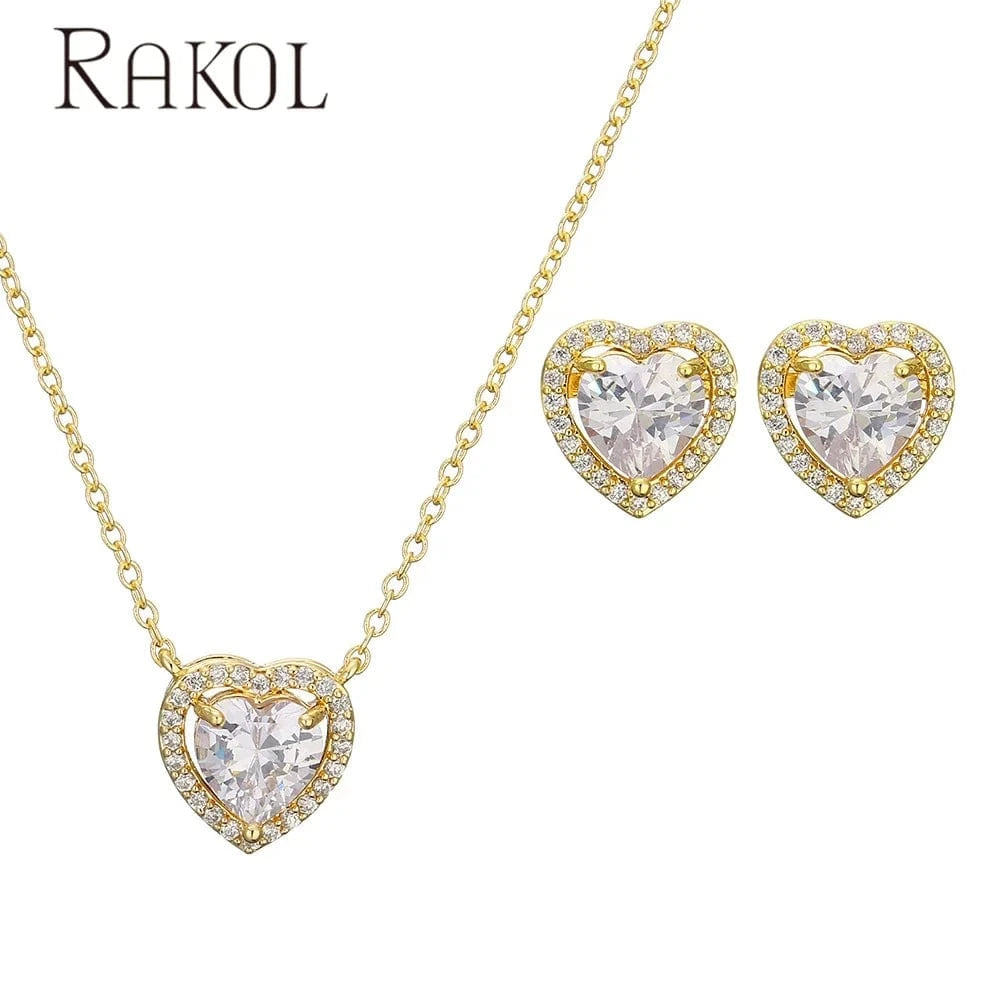 RAKOL  SP3348 gold plated crystal heart pendant necklace and earrings jewelry sets cute earrings  necklace accessories gift