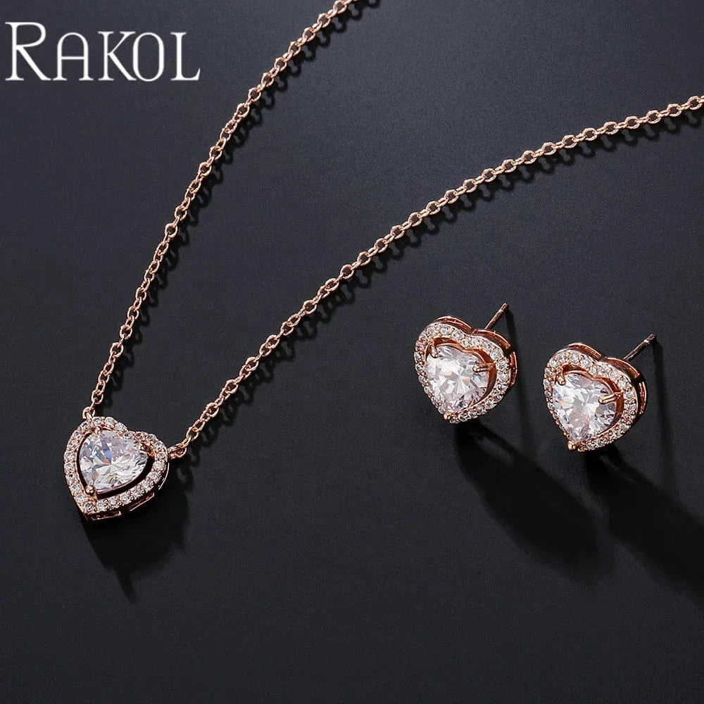 RAKOL  SP3348 gold plated crystal heart pendant necklace and earrings jewelry sets cute earrings  necklace accessories gift