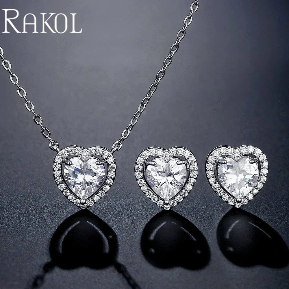 RAKOL  SP3348 gold plated crystal heart pendant necklace and earrings jewelry sets cute earrings  necklace accessories gift