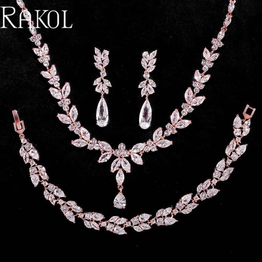 RAKOL SP3386 High Quality 925 Sterling Sliver Earrings Necklace Ring Bracelets  Jewelry Set Cubic Zirconia Wedding Jewelry Sets