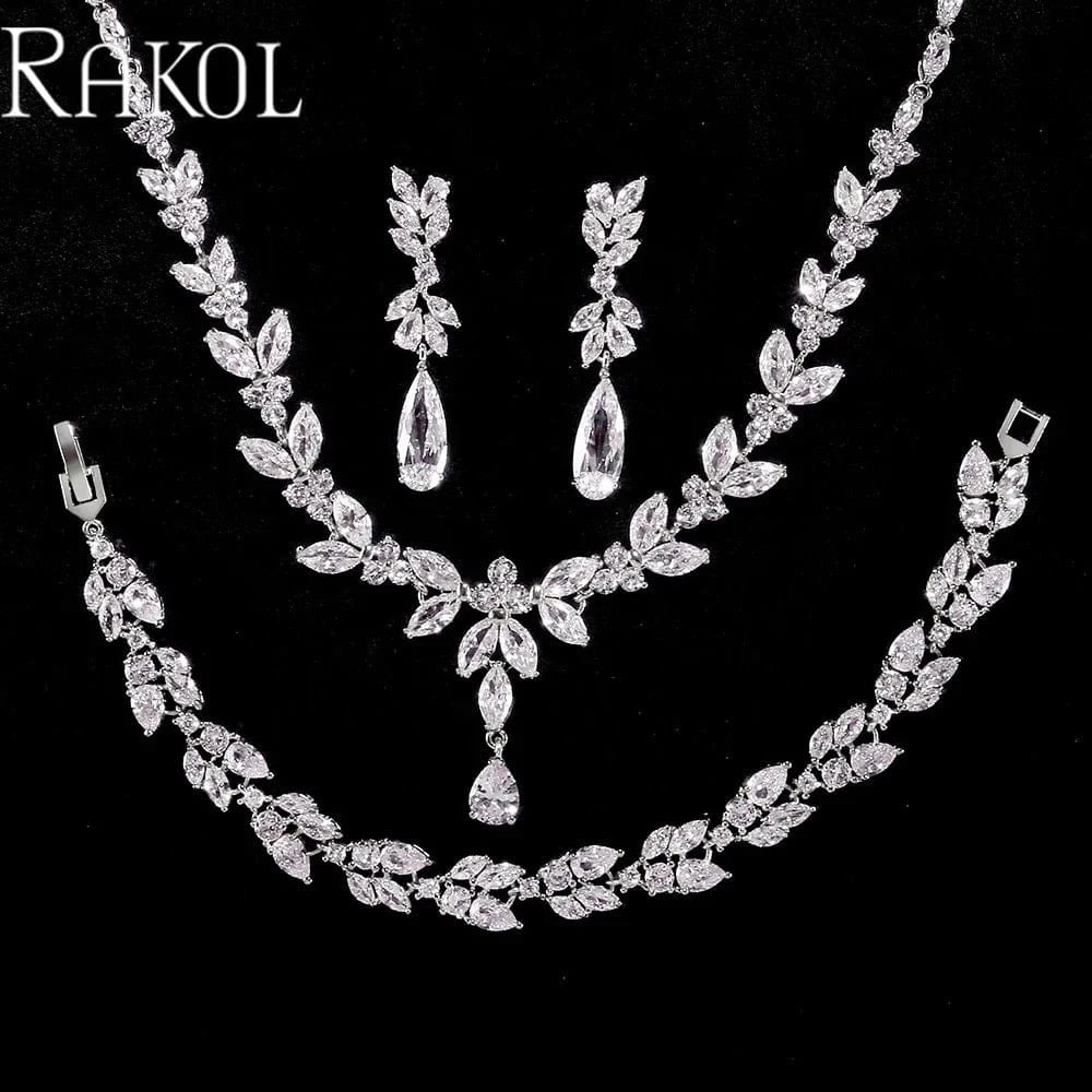 RAKOL SP3386 High Quality 925 Sterling Sliver Earrings Necklace Ring Bracelets  Jewelry Set Cubic Zirconia Wedding Jewelry Sets