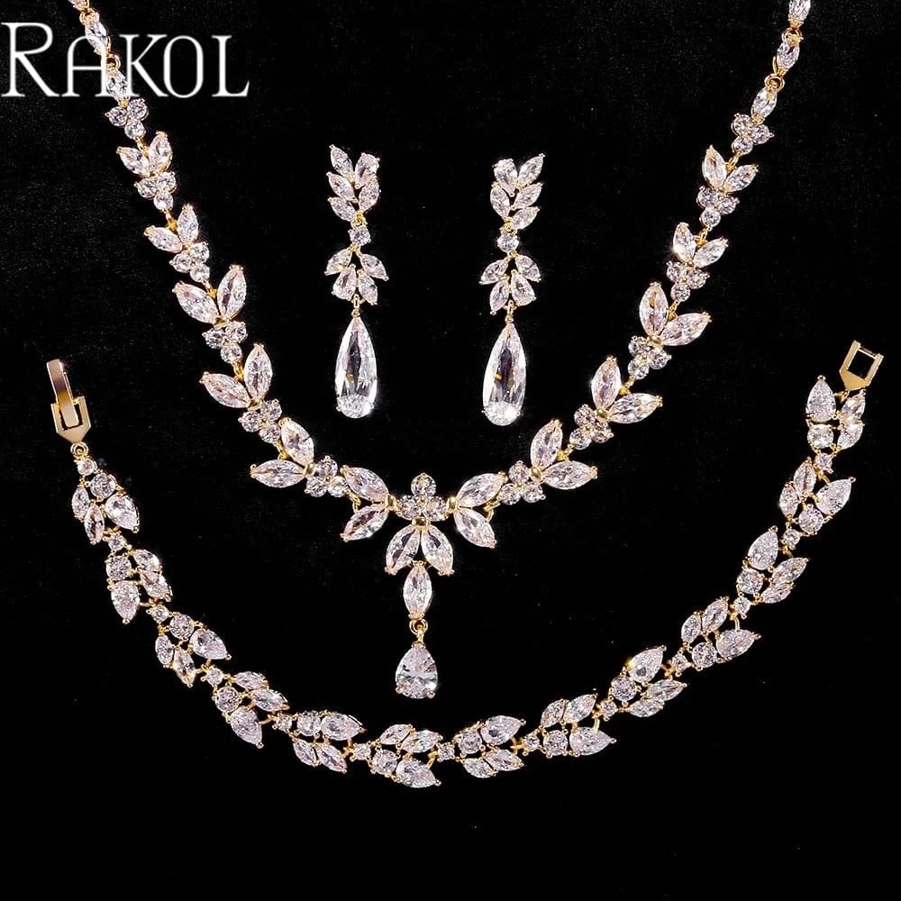 RAKOL SP3386 High Quality 925 Sterling Sliver Earrings Necklace Ring Bracelets  Jewelry Set Cubic Zirconia Wedding Jewelry Sets