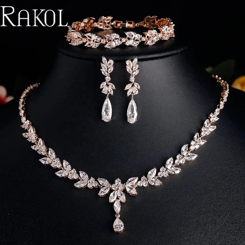 RAKOL SP3386 High Quality 925 Sterling Sliver Earrings Necklace Ring Bracelets  Jewelry Set Cubic Zirconia Wedding Jewelry Sets