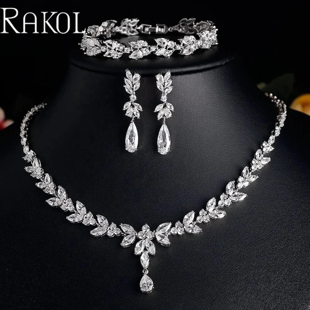 RAKOL SP3386 High Quality 925 Sterling Sliver Earrings Necklace Ring Bracelets  Jewelry Set Cubic Zirconia Wedding Jewelry Sets