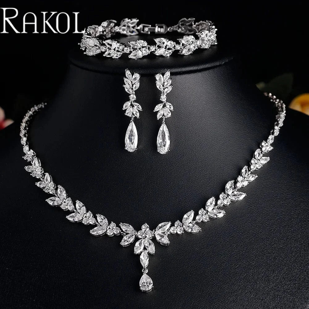 RAKOL SP3386 High Quality 925 Sterling Sliver Earrings Necklace Ring Bracelets  Jewelry Set Cubic Zirconia Wedding Jewelry Sets
