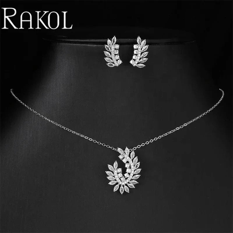 RAKOL SP3517 Fashion 18k Gold Plated Wedding Pendant Bridal Flower Leaf Design Necklace Earrings Jewelry Sets For Women
