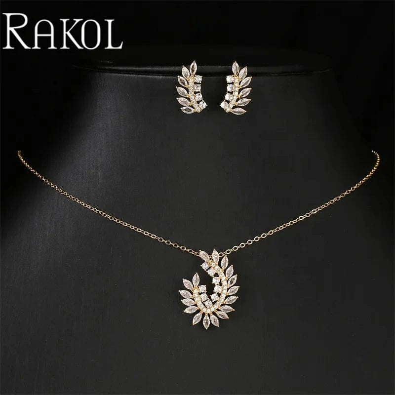 RAKOL SP3517 Fashion 18k Gold Plated Wedding Pendant Bridal Flower Leaf Design Necklace Earrings Jewelry Sets For Women