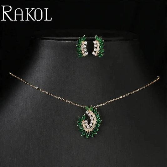 RAKOL SP3517 Fashion 18k Gold Plated Wedding Pendant Bridal Flower Leaf Design Necklace Earrings Jewelry Sets For Women