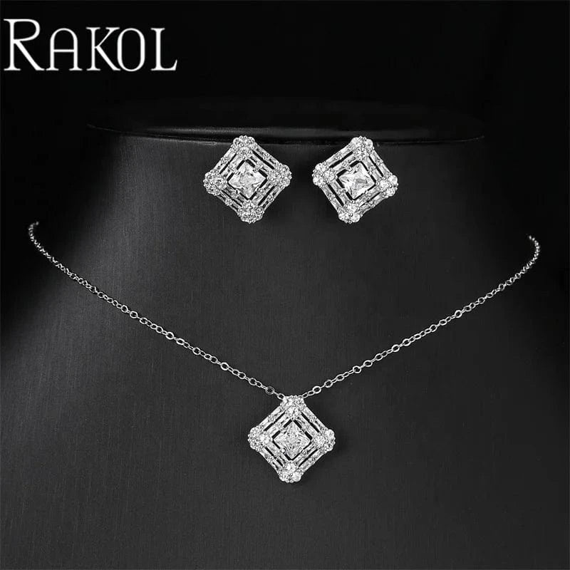 RAKOL SP3521 Hot Selling Fine Sterling Silver Necklace Earrings Jewelry Sets Bridal Diamond Zirconia Wedding Jewelry Sets