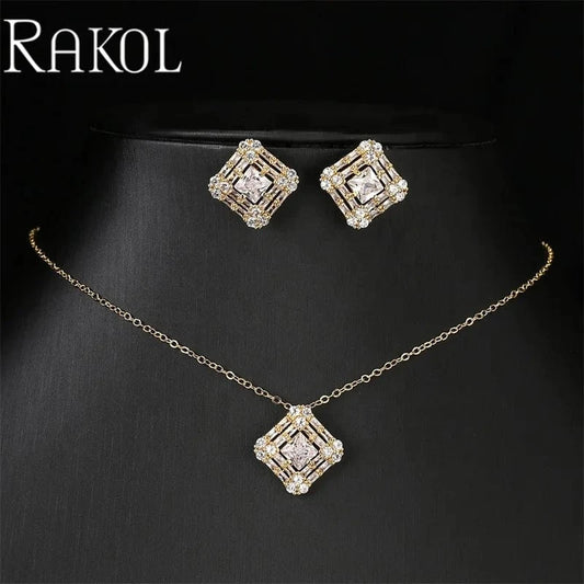 RAKOL SP3521 Hot Selling Fine Sterling Silver Necklace Earrings Jewelry Sets Bridal Diamond Zirconia Wedding Jewelry Sets