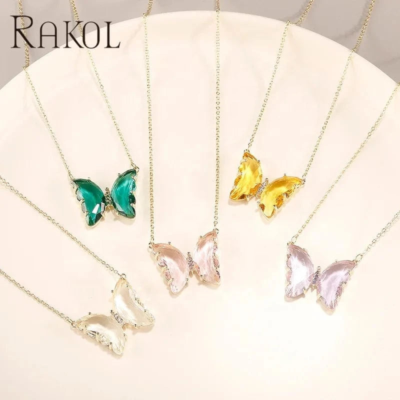 RAKOL SP3526 2022 Women New Design Colorful Crystal Butterfly Pendant Necklace  Earrings Ring Set Gold Plated 18k Stud Earrings