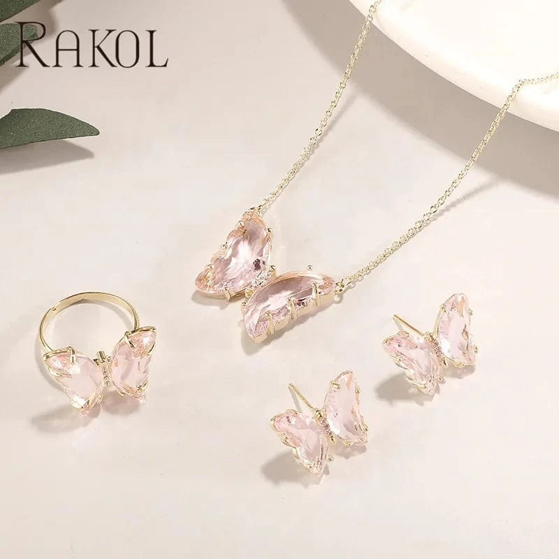 RAKOL SP3526 2022 Women New Design Colorful Crystal Butterfly Pendant Necklace  Earrings Ring Set Gold Plated 18k Stud Earrings