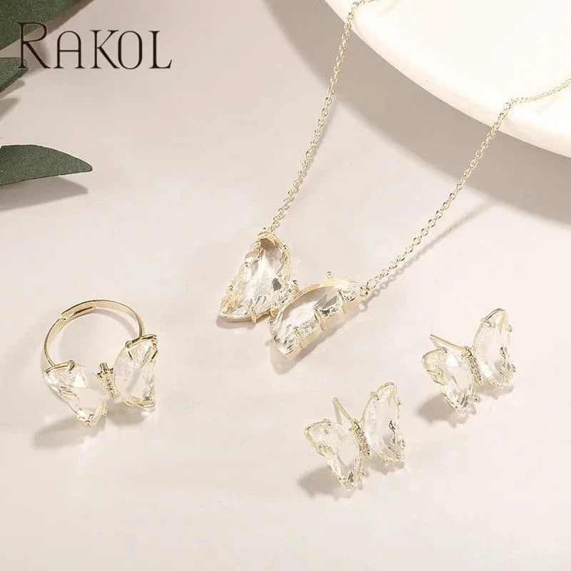 RAKOL SP3526 2022 Women New Design Colorful Crystal Butterfly Pendant Necklace  Earrings Ring Set Gold Plated 18k Stud Earrings
