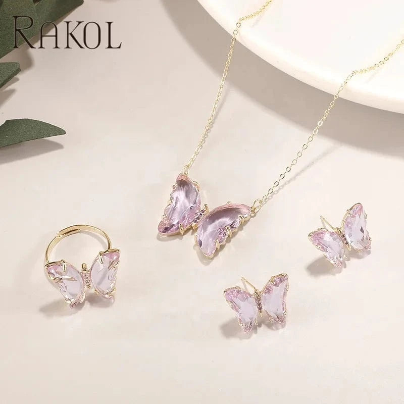 RAKOL SP3526 2022 Women New Design Colorful Crystal Butterfly Pendant Necklace  Earrings Ring Set Gold Plated 18k Stud Earrings