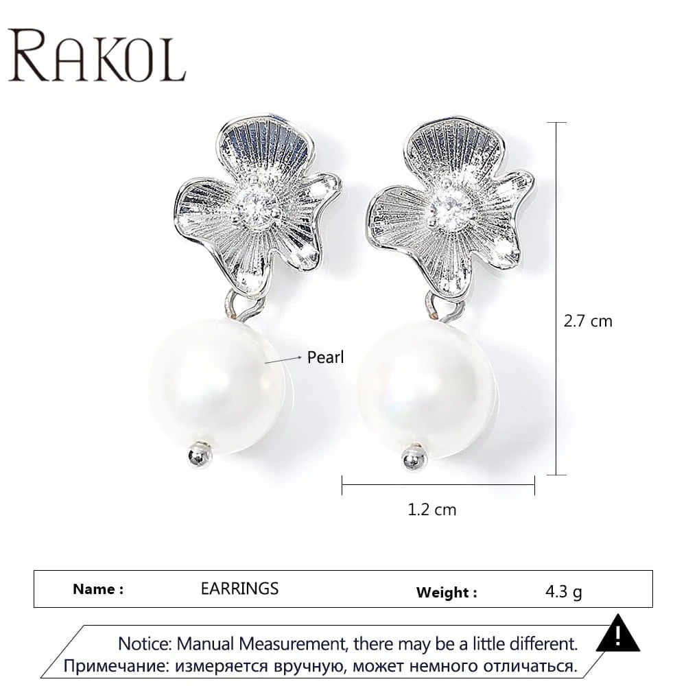 RAKOL SP3579 Fashion Pearl Pendant Necklace Earrings Jewelry Set 2023 AAA Zirconia Flower Set Real Gold Plated Jewelry Set