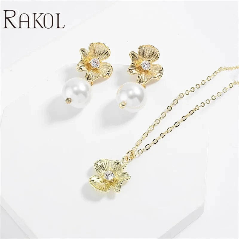 RAKOL SP3579 Fashion Pearl Pendant Necklace Earrings Jewelry Set 2023 AAA Zirconia Flower Set Real Gold Plated Jewelry Set