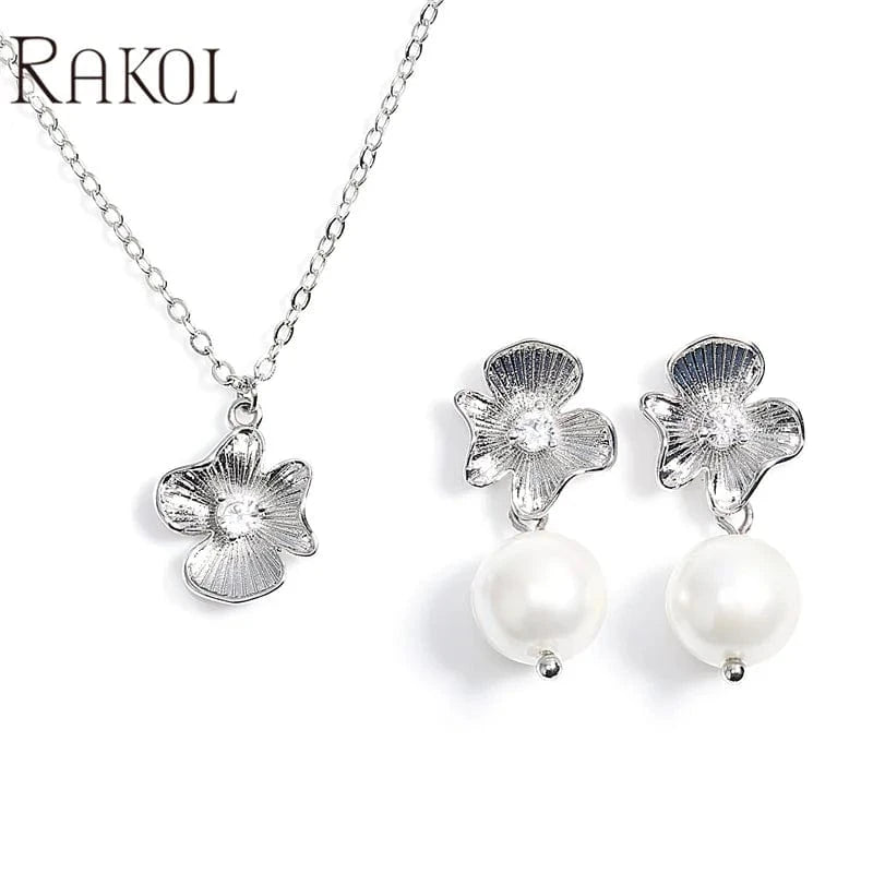 RAKOL SP3579 Fashion Pearl Pendant Necklace Earrings Jewelry Set 2023 AAA Zirconia Flower Set Real Gold Plated Jewelry Set