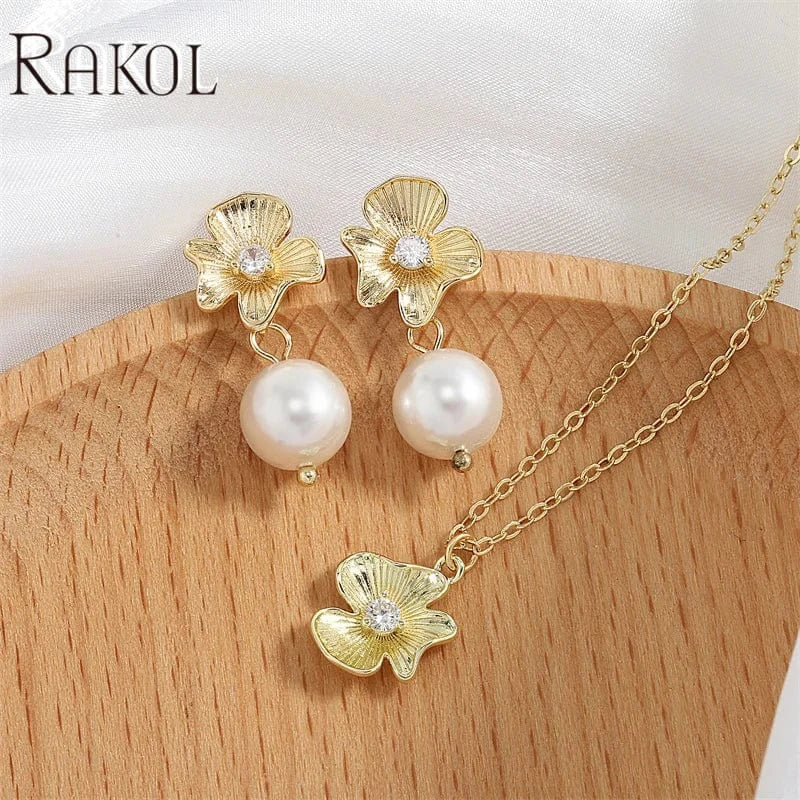 RAKOL SP3579 Fashion Pearl Pendant Necklace Earrings Jewelry Set 2023 AAA Zirconia Flower Set Real Gold Plated Jewelry Set