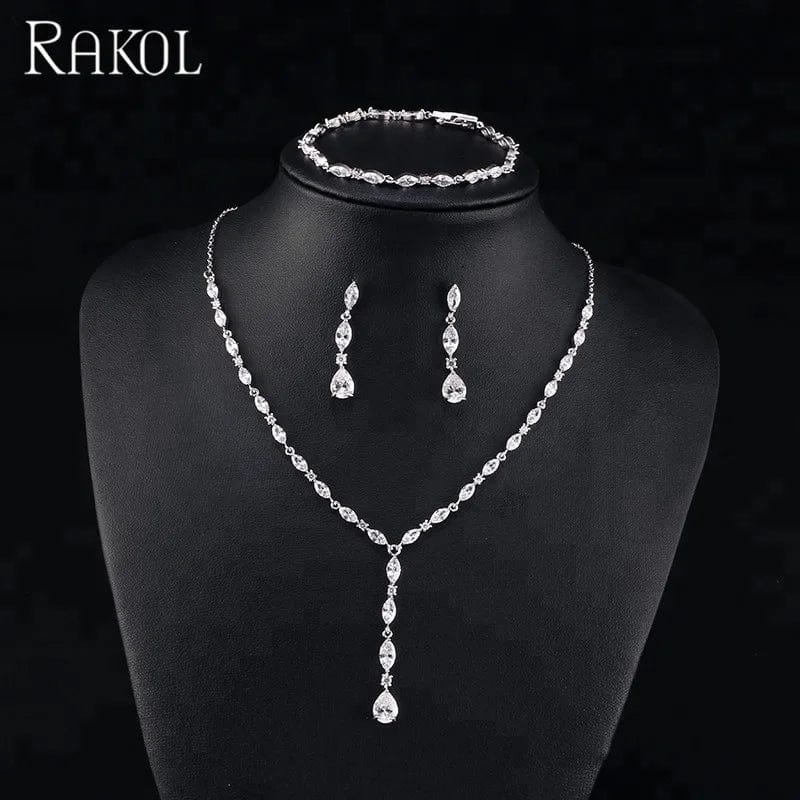 RAKOL SP412 simple style beautiful leaf&teardrop zircon dangle long earrings necklace bracelet set