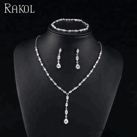 RAKOL SP412 simple style beautiful leaf&teardrop zircon dangle long earrings necklace bracelet set
